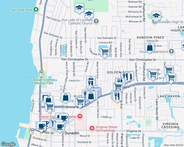 map of restaurants, bars, coffee shops, grocery stores, and more near 1243 Bass Boulevard in Dunedin