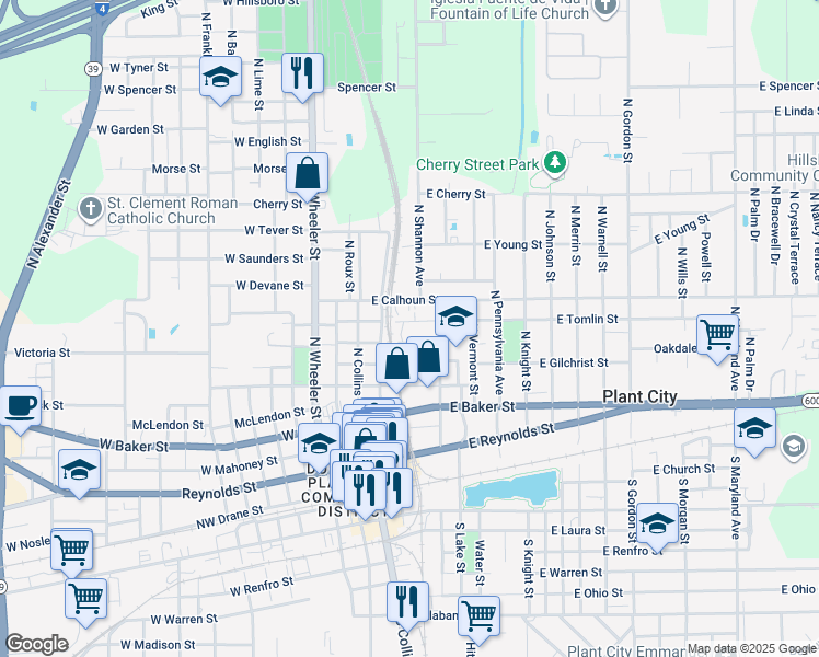 map of restaurants, bars, coffee shops, grocery stores, and more near 308 East Tomlin Street in Plant City