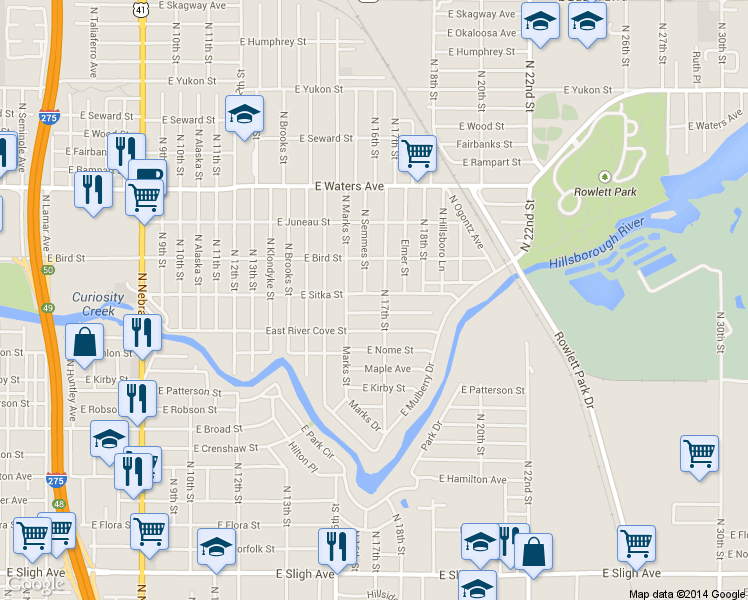 map of restaurants, bars, coffee shops, grocery stores, and more near 1612 East Sitka Street in Tampa