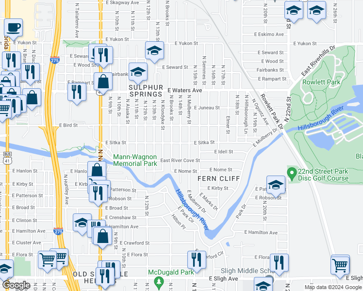 map of restaurants, bars, coffee shops, grocery stores, and more near 8104 North 14th Street in Tampa