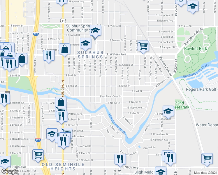 map of restaurants, bars, coffee shops, grocery stores, and more near 8104 North 14th Street in Tampa