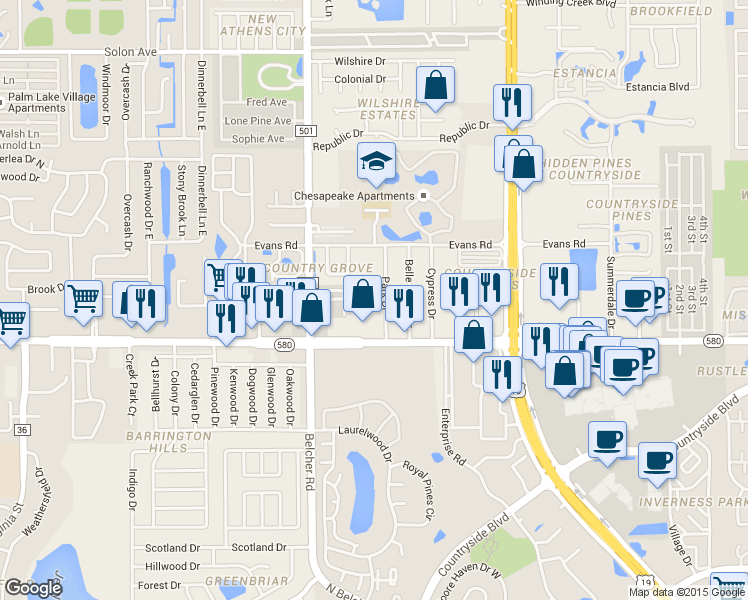 map of restaurants, bars, coffee shops, grocery stores, and more near 2760 Park Drive in Clearwater