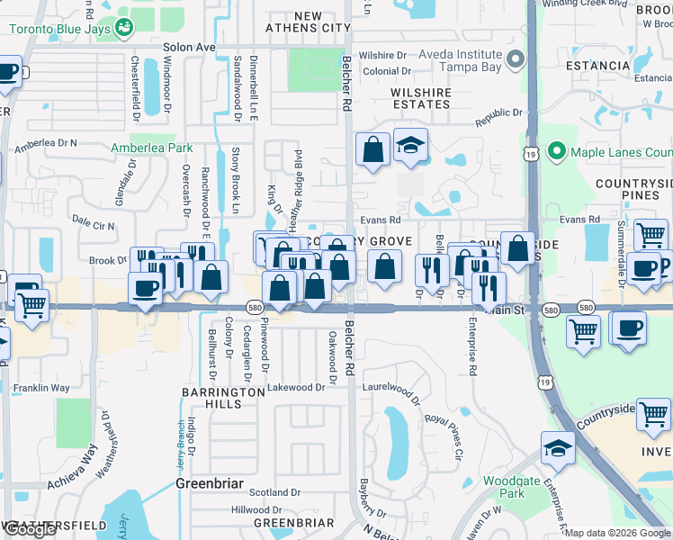 map of restaurants, bars, coffee shops, grocery stores, and more near 2163 Elm Street in Dunedin