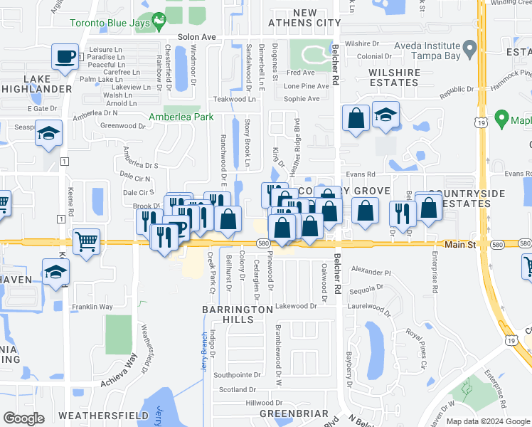map of restaurants, bars, coffee shops, grocery stores, and more near 1375 Doolittle Drive in Dunedin