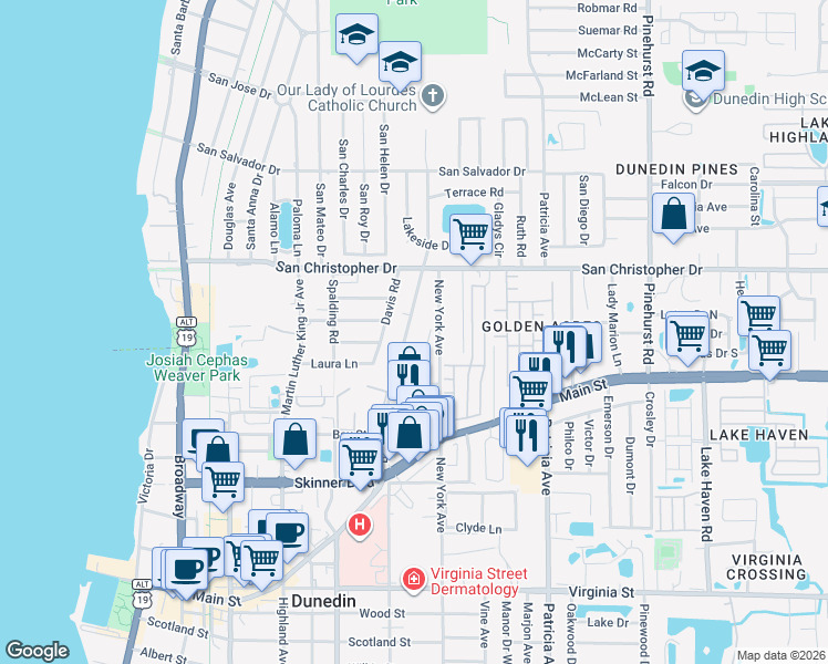map of restaurants, bars, coffee shops, grocery stores, and more near 1243 Bass Boulevard in Dunedin