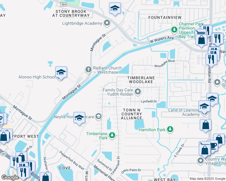 map of restaurants, bars, coffee shops, grocery stores, and more near 10116 Pine Trails Court in Tampa