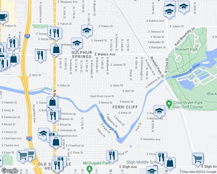 map of restaurants, bars, coffee shops, grocery stores, and more near 1501 East Sitka Street in Tampa