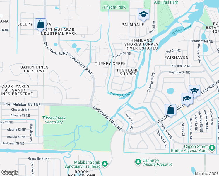 map of restaurants, bars, coffee shops, grocery stores, and more near 999 Mandarin Drive Northeast in Palm Bay