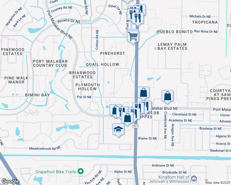 map of restaurants, bars, coffee shops, grocery stores, and more near 1616 Sunny Brook Lane in Palm Bay