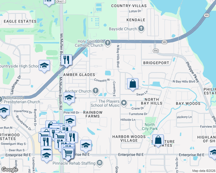 map of restaurants, bars, coffee shops, grocery stores, and more near 3119 Coventry Lane in Safety Harbor