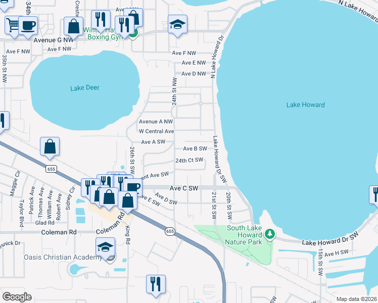 map of restaurants, bars, coffee shops, grocery stores, and more near 2217 Avenue B Southwest in Winter Haven