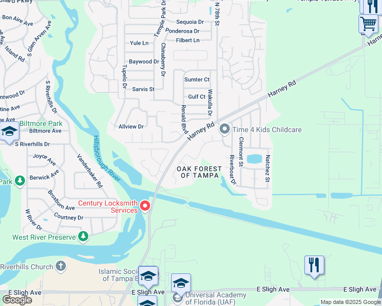 map of restaurants, bars, coffee shops, grocery stores, and more near 7405 Harney Road in Tampa