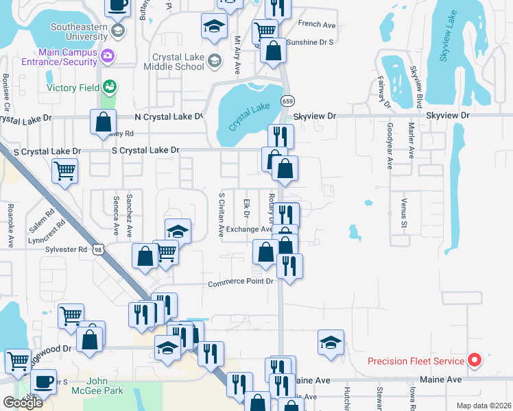 map of restaurants, bars, coffee shops, grocery stores, and more near 1718 Moose Drive in Lakeland