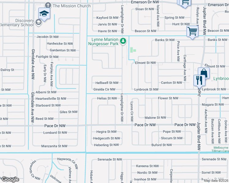 map of restaurants, bars, coffee shops, grocery stores, and more near 1223 Giralda Circle Northwest in Palm Bay