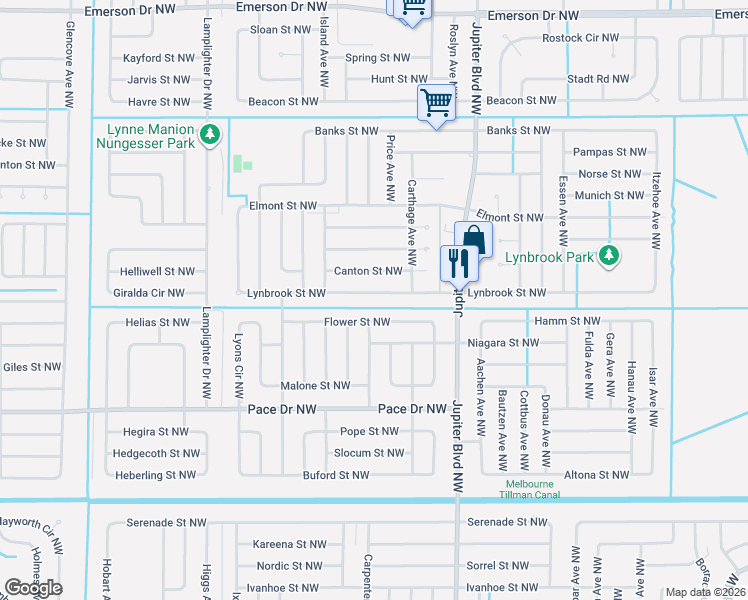 map of restaurants, bars, coffee shops, grocery stores, and more near 1029 Lynbrook Street Northwest in Palm Bay