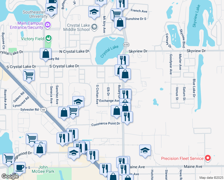 map of restaurants, bars, coffee shops, grocery stores, and more near 1718 Moose Drive in Lakeland