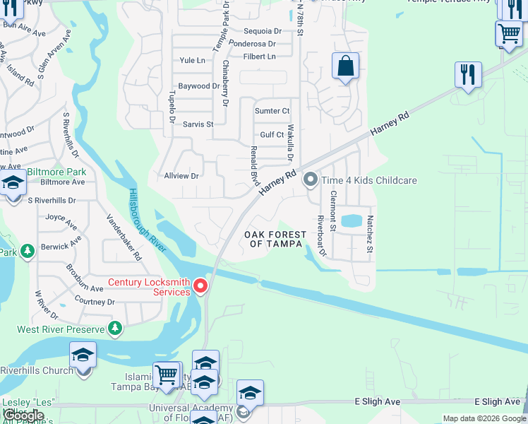 map of restaurants, bars, coffee shops, grocery stores, and more near 7405 Harney Road in Tampa