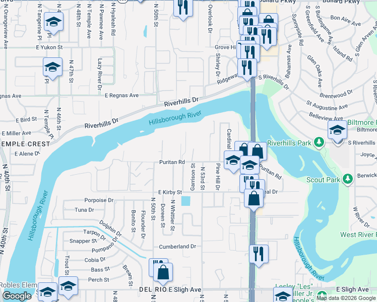map of restaurants, bars, coffee shops, grocery stores, and more near 8010 Chaney Lane in Tampa