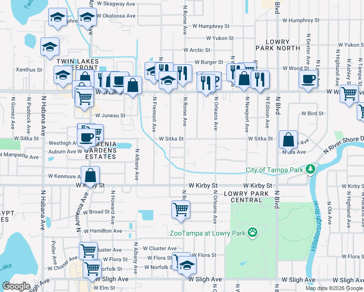 map of restaurants, bars, coffee shops, grocery stores, and more near 8008 North Rome Avenue in Tampa