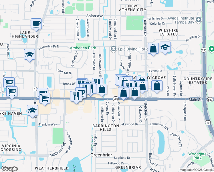 map of restaurants, bars, coffee shops, grocery stores, and more near 1980 Tahitian Place in Dunedin