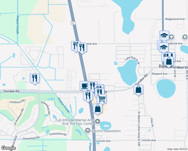 map of restaurants, bars, coffee shops, grocery stores, and more near 711 Citrus Avenue in Dundee