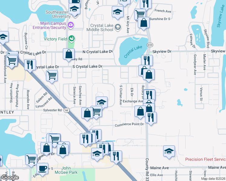map of restaurants, bars, coffee shops, grocery stores, and more near 1779 Crystal Grove Drive in Lakeland
