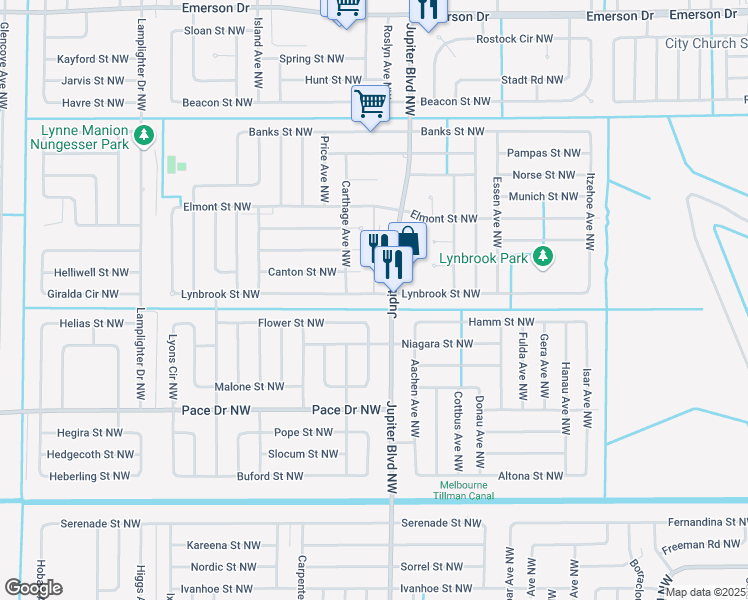 map of restaurants, bars, coffee shops, grocery stores, and more near 934 Lynbrook Street Northwest in Palm Bay