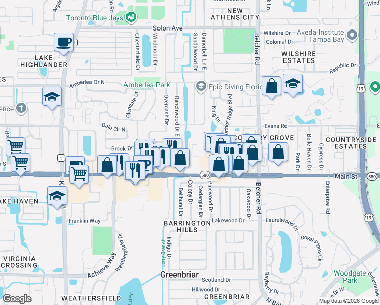 map of restaurants, bars, coffee shops, grocery stores, and more near 1980 Tahitian Place in Dunedin