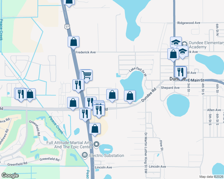 map of restaurants, bars, coffee shops, grocery stores, and more near 601 Citrus Avenue in Dundee