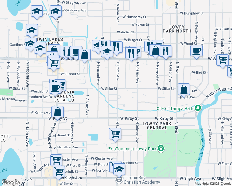 map of restaurants, bars, coffee shops, grocery stores, and more near 8008 North Rome Avenue in Tampa
