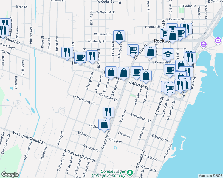 map of restaurants, bars, coffee shops, grocery stores, and more near 203 West Bay Street in Rockport