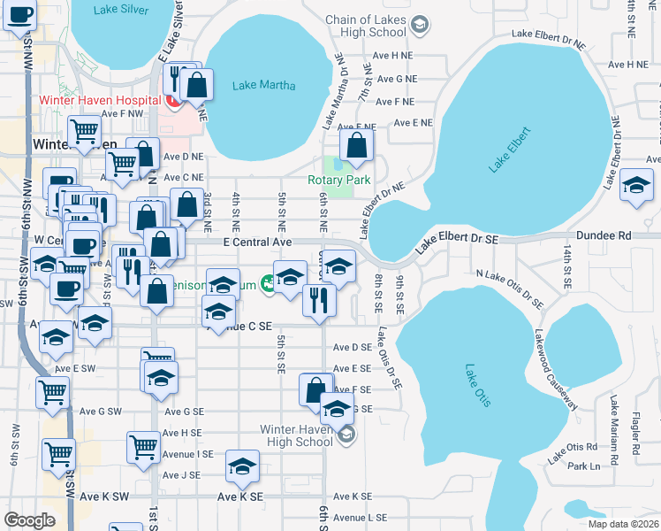 map of restaurants, bars, coffee shops, grocery stores, and more near 620 Avenue A Southeast in Winter Haven