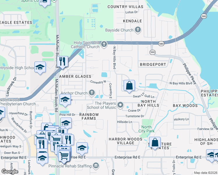 map of restaurants, bars, coffee shops, grocery stores, and more near 3118 Coventry East in Safety Harbor