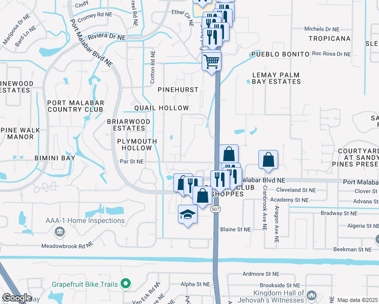 map of restaurants, bars, coffee shops, grocery stores, and more near 1698 Sunny Brook Lane in Palm Bay