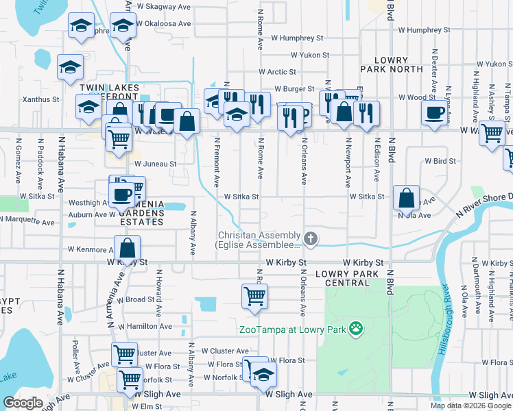 map of restaurants, bars, coffee shops, grocery stores, and more near 8008 North Rome Avenue in Tampa