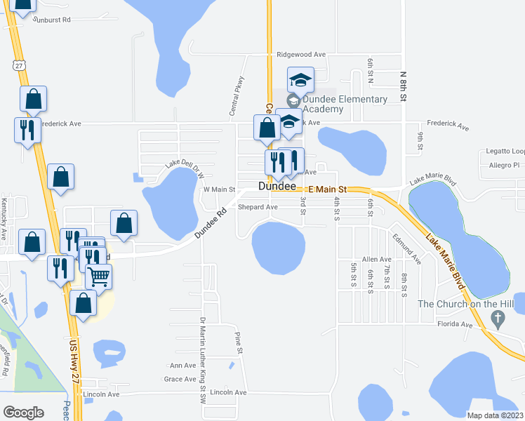 map of restaurants, bars, coffee shops, grocery stores, and more near 116 Shepard Avenue in Dundee