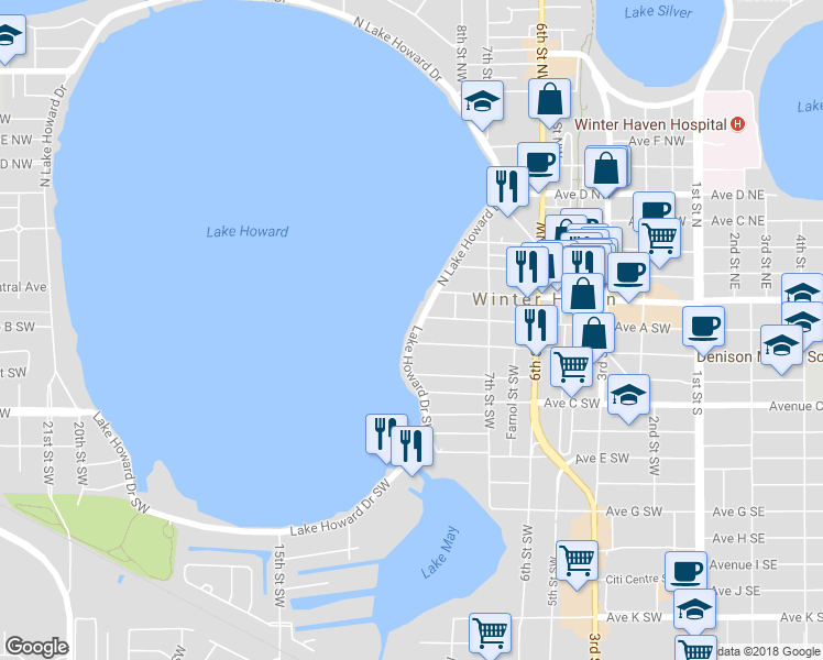 map of restaurants, bars, coffee shops, grocery stores, and more near 199 Lake Howard Drive Southwest in Winter Haven