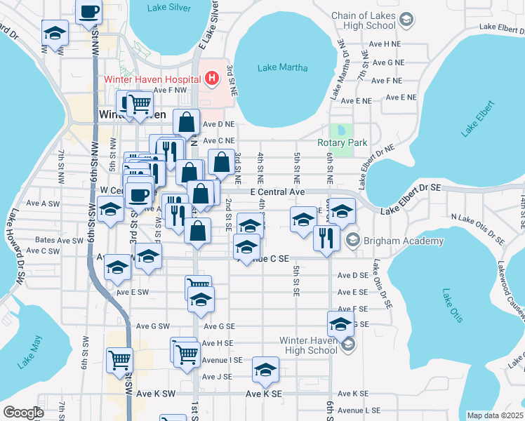 map of restaurants, bars, coffee shops, grocery stores, and more near 400 Avenue A Southeast in Winter Haven
