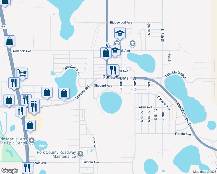 map of restaurants, bars, coffee shops, grocery stores, and more near 204 Shepard Avenue in Dundee