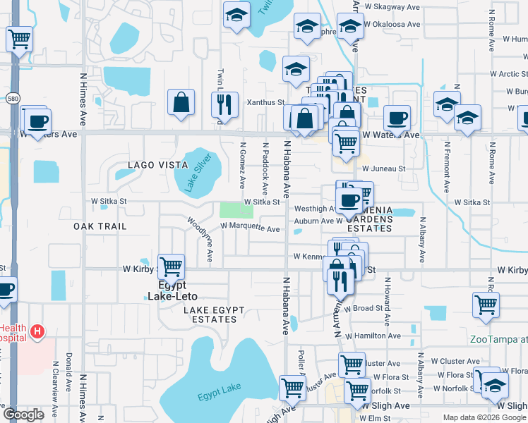 map of restaurants, bars, coffee shops, grocery stores, and more near 2810 West Sitka Street in Tampa