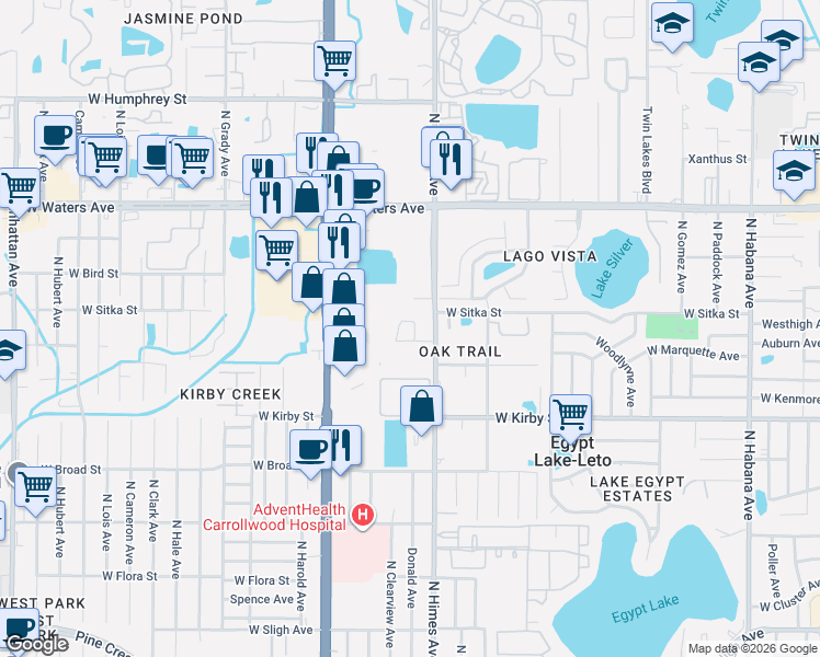 map of restaurants, bars, coffee shops, grocery stores, and more near 3605 Marco Drive in Tampa