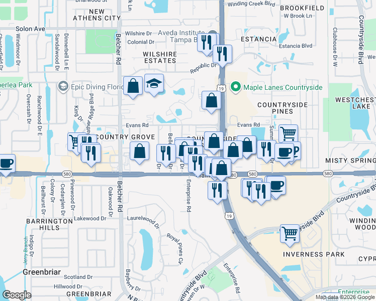 map of restaurants, bars, coffee shops, grocery stores, and more near 2755 Cypress Drive in Clearwater