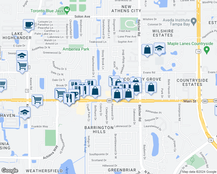 map of restaurants, bars, coffee shops, grocery stores, and more near 1980 Tahitian Place in Dunedin