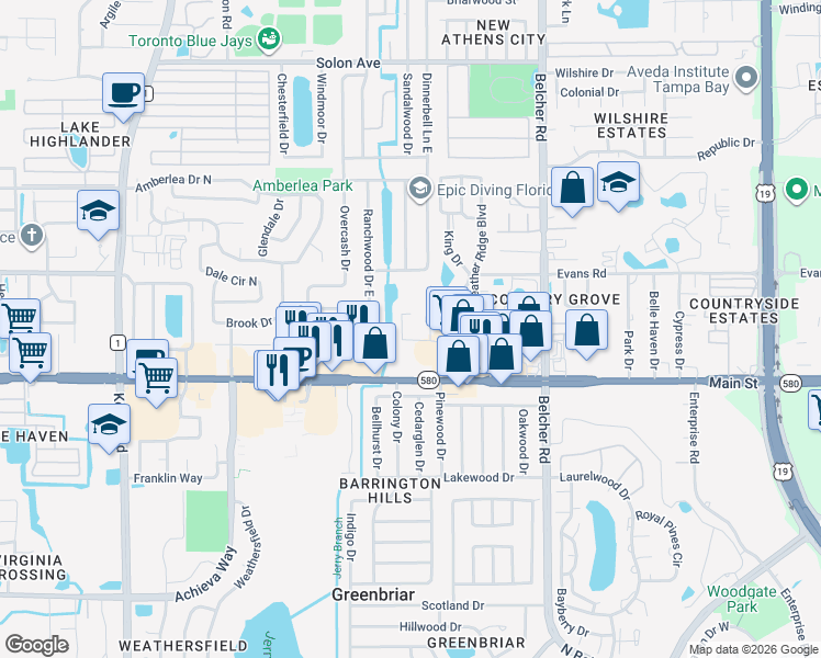 map of restaurants, bars, coffee shops, grocery stores, and more near 1980 Tahitian Place in Dunedin