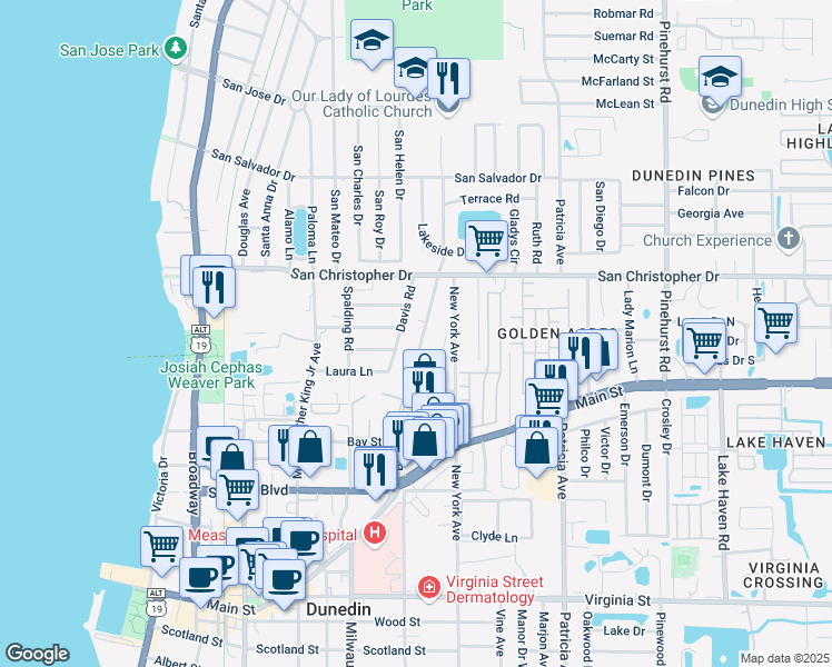 map of restaurants, bars, coffee shops, grocery stores, and more near 1310 Davis Road in Dunedin