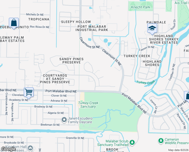 map of restaurants, bars, coffee shops, grocery stores, and more near 982 Pine Creek Circle Northeast in Palm Bay