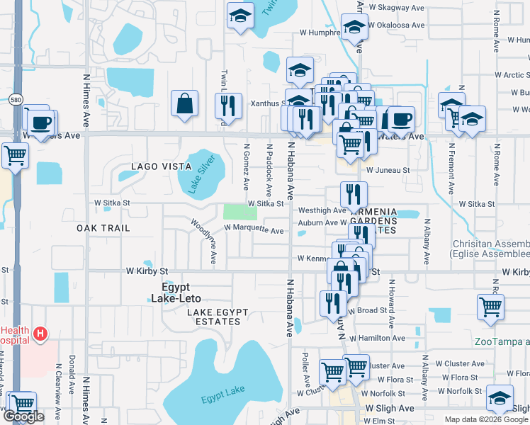 map of restaurants, bars, coffee shops, grocery stores, and more near 2810 West Sitka Street in Tampa