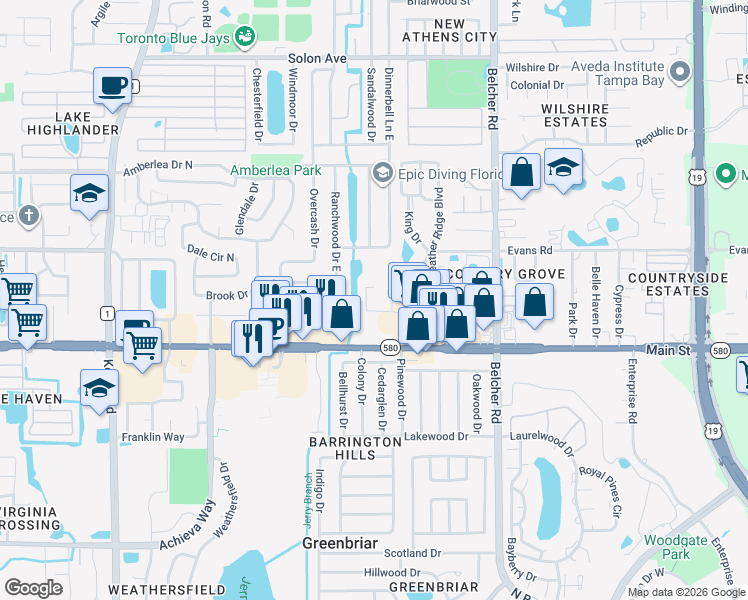 map of restaurants, bars, coffee shops, grocery stores, and more near 1980 Tahitian Place in Dunedin
