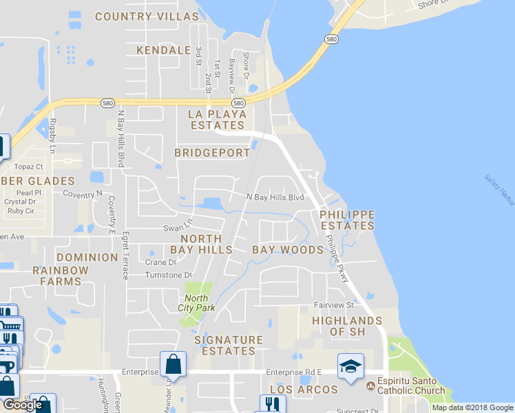 map of restaurants, bars, coffee shops, grocery stores, and more near 129 North Bay Hills Boulevard in Safety Harbor