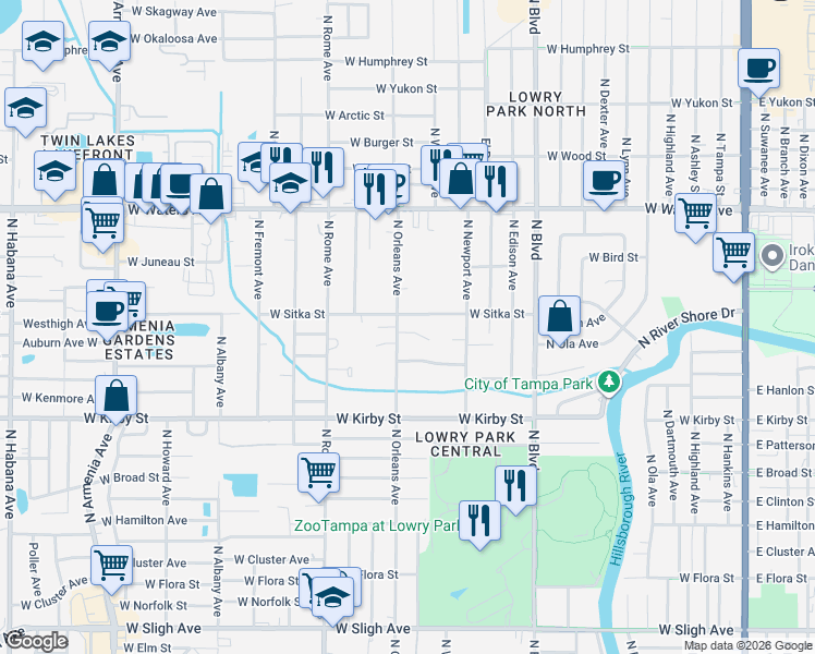 map of restaurants, bars, coffee shops, grocery stores, and more near 1313 West Carissa Court in Tampa